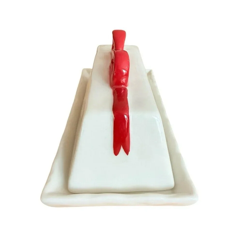Anthropologie Benedita Bow Ceramic Stoneware Butter Dish Red Ribbon Ivory New